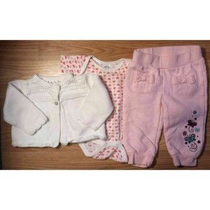 Girl's Size 3-6 M Months 3 Piece White Cardigan,HEart Top & Pink Butterfly Pants